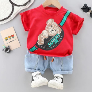 Boy's Cotton Printed T-shirt with Denim Shorts Set in Red Color